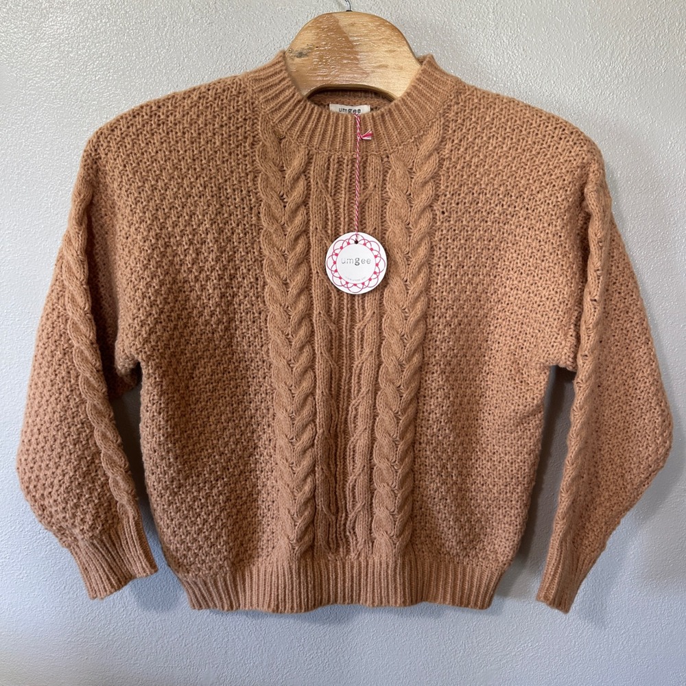 NEW Umgee Cable Knit Sweater‎ CrewNeck Pullover Textured Knit Camel Size Large